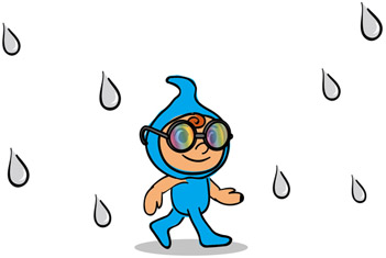 メガネを掛けて雨の中を歩く少年の絵
