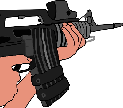 絵本「銃口の前」表紙;銃を構えた人の絵(イラスト)