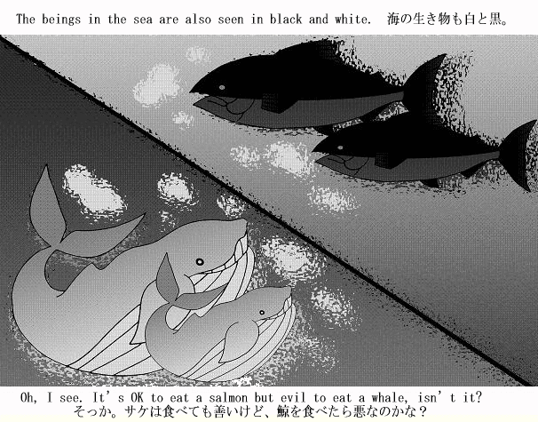 白黒で描く鯨と鮭のイラスト