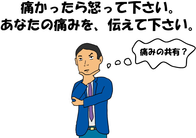 痛かったら怒って下さい。あなたの痛みを、伝えて下さい」という絵（イラスト）