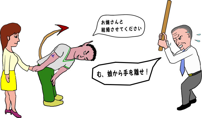 刺青をした人が結婚の許可を貰うという絵（イラスト）