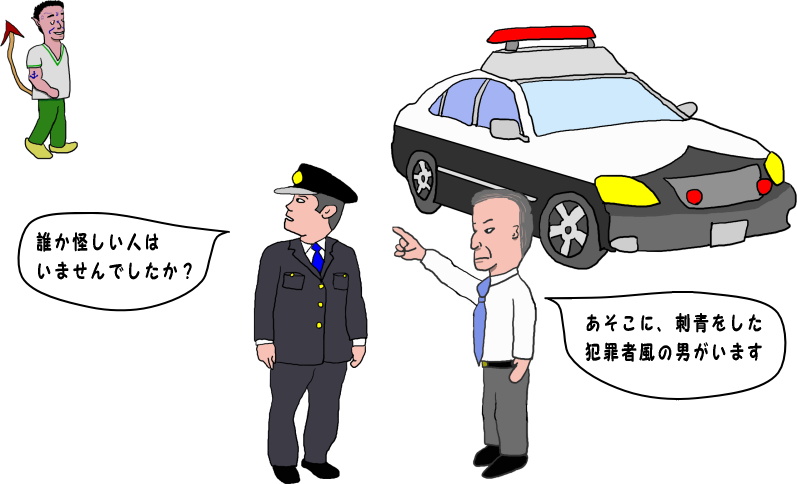 刺青をした人を警察にチクルという絵（イラスト）