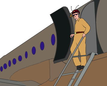 占領軍の司令官が飛行機から降りるという絵（イラスト）