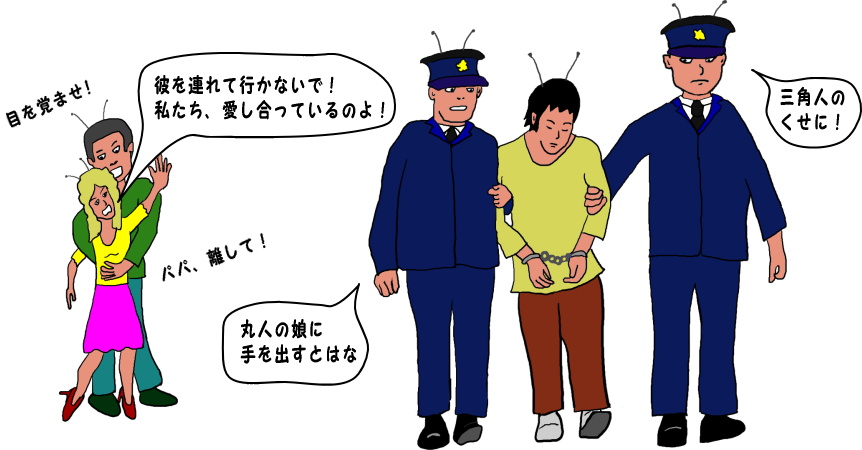 警官によって引き裂かれる恋人の絵（イラスト）