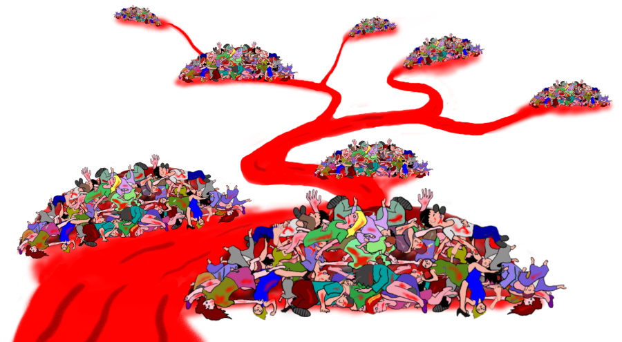 侵略、民族浄化の犠牲者と血の川の絵（イラスト）