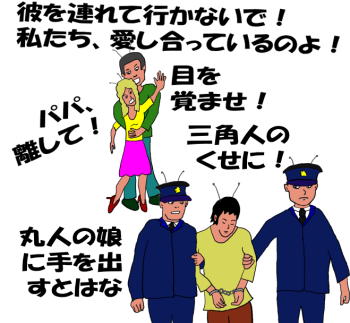 警官によって引き裂かれる恋人の絵（イラスト）