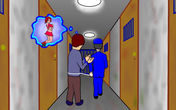 死刑囚が廊下を看守に連れて行かれるという絵（イラスト）です。