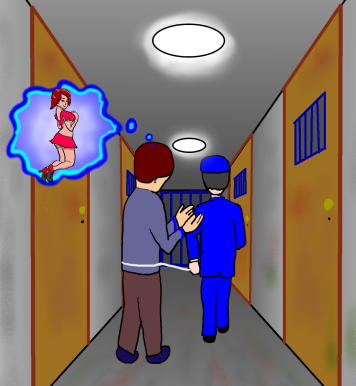 死刑囚が廊下を看守に連れて行かれるという絵（イラスト）です。