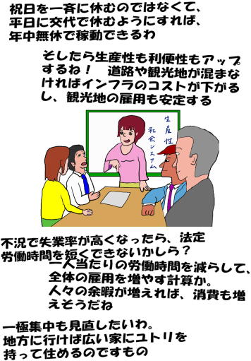 社会システムと生産性向上をテーマとした会議の絵（イラスト）