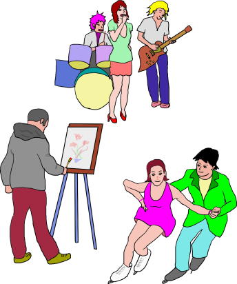 絵を描く人と、音楽を楽しむ人と、フィギュアスケートを楽しむ人の絵（イラスト）