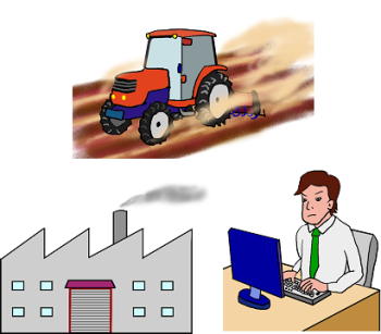 工場、パソコン、トラクターの絵（イラスト）