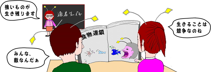 生存競争について勉強する学校の風景の絵（イラスト）です