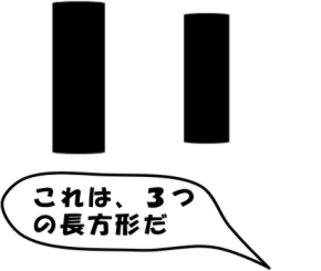 ２つの長方形を「これは、３つの長方形だ」といっている絵（え）