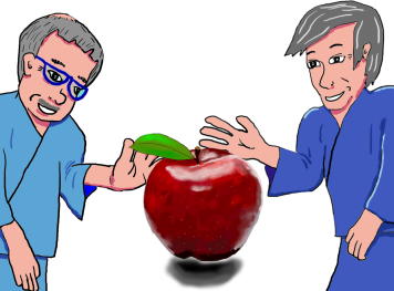 お腹が空いた人が二人。食べ物はリンゴ1つだけという絵（イラスト）
