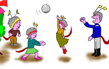 先住民族とボール遊びをする少女