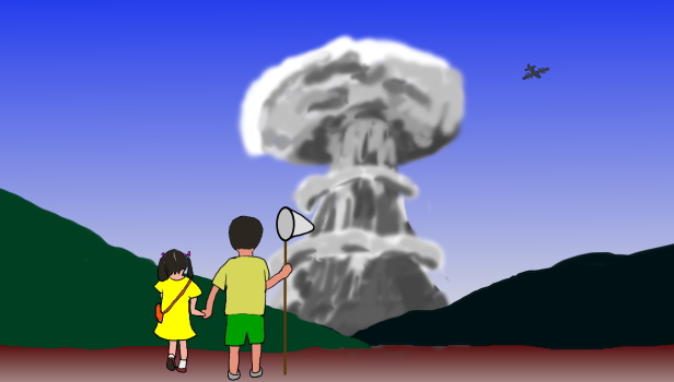 原爆が町に投下されて、幼い兄妹が呆然としているというイラストです