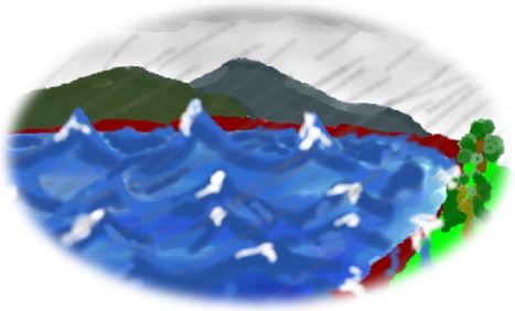 嵐と湖のシーン。心の悩みの絵本の第一頁です。