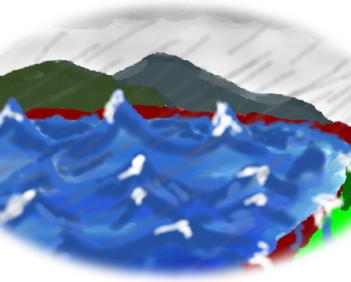 嵐と湖のシーン。心の悩みの絵本の第一頁です。
