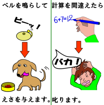 ベルを鳴らしエサを与えます。計算を間違えたら叱ります。