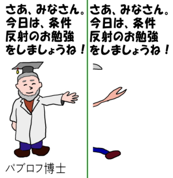 パブロフ博士と誰か。さあ、みなさん。今日は、条件反射のお勉強をしましょうね！