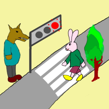 信号が赤で渡っているウサギ男。狼男がそれを見ています