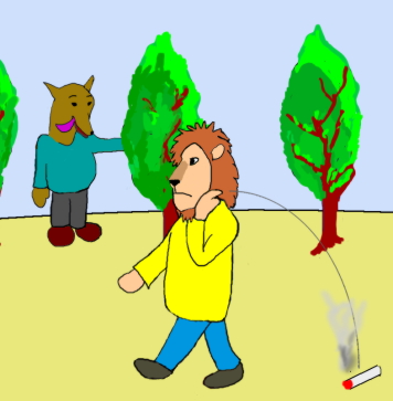 タバコを道端に捨てるライオンさん。狼さんがそれを見ています