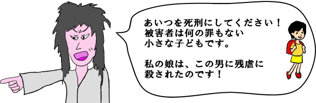 被害者遺族の母親が裁判で被告人を死刑へと訴えている絵です。