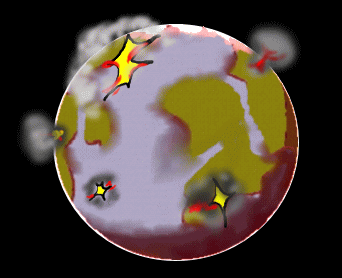 星の地表のあちらこちらで、爆発が起こっています