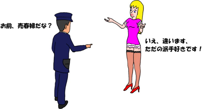 お前、売春婦だな？と警官が詰問するという絵（イラスト）