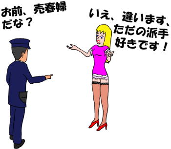 お前、売春婦だな？と警官が詰問するという絵（イラスト）