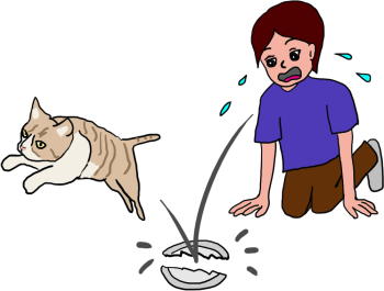 猫がお皿を割った絵（イラスト）