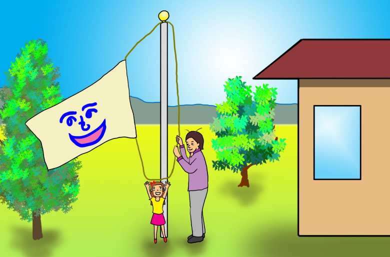 父と娘で国旗を掲揚する絵（イラスト）