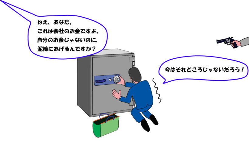 強盗に脅かされて金庫を開けるという絵（イラスト）