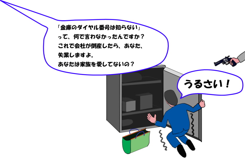 拳銃強盗の言いなりで金庫を開けてしまった人の絵（イラスト）