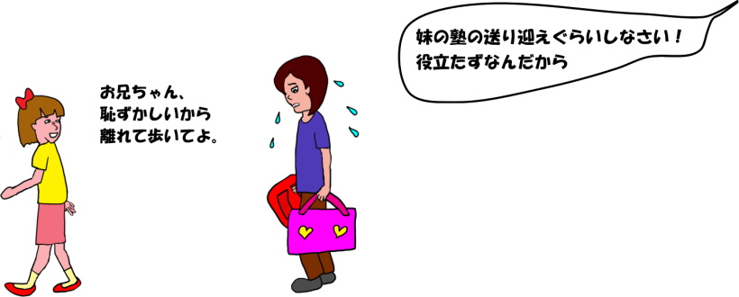 妹の荷物を持たされるという絵（イラスト）