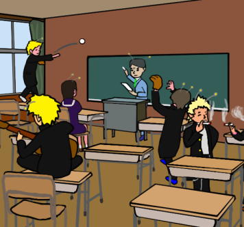 不良グループで荒れる教室の絵（イラスト）