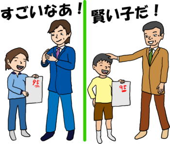 テストで９５点を取った、賢い子二人とそれぞれのお父さんの絵（イラスト）