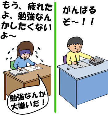 異なる動機で一生懸命勉強を続ける二人の絵（イラスト）