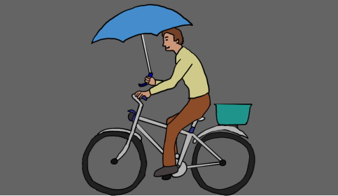 無灯火の片手運転で自転車に乗っている絵（イラスト）