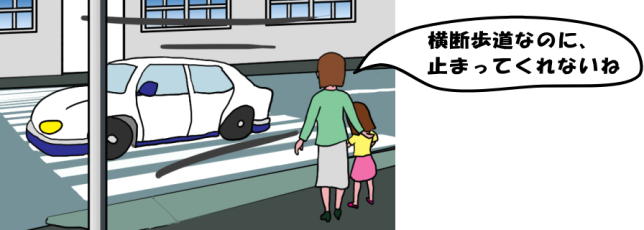 横断歩道なのに車が歩行者優先をしないという絵（イラスト）