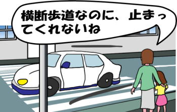 横断歩道なのに車が歩行者優先をしないという絵（イラスト）