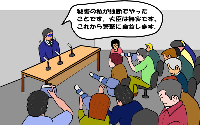 秘書が大臣の身代わりとなって記者会見をしているという絵（イラスト）