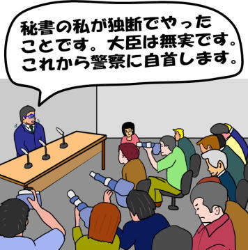 秘書が大臣の身代わりとなって記者会見をしているという絵（イラスト）