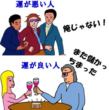 冤罪で捕まった人と詐欺で儲かった人の絵（イラスト）