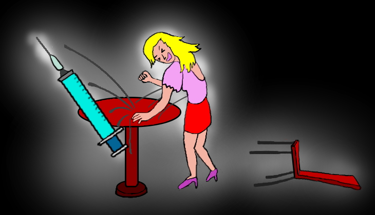 麻薬中毒の女性が、注射器を机から払いのけている絵（イラスト）