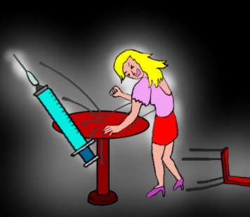 麻薬中毒の女性が、注射器を机から払いのけている絵（イラスト）
