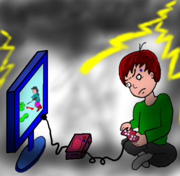 不安感を忘れるために、ゲームで遊ぶ少年の絵（イラスト）