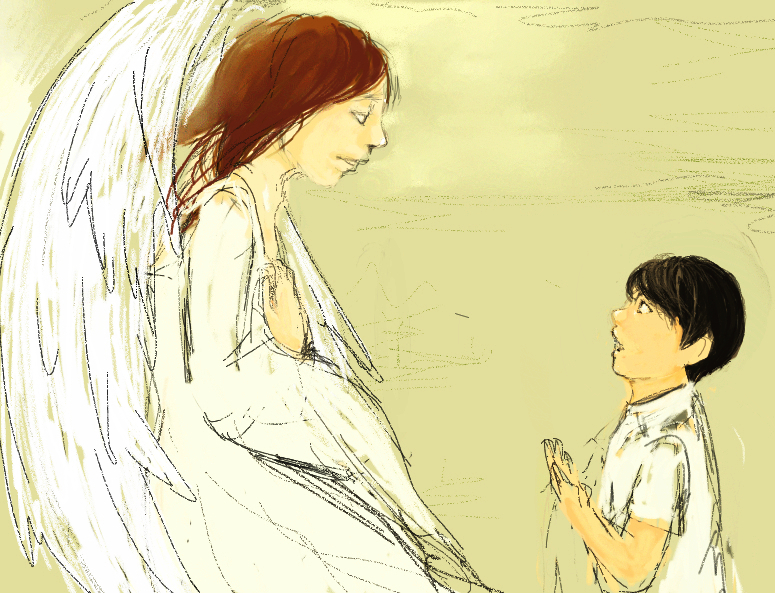天使が少年に警告・アドバイスをしている絵です。