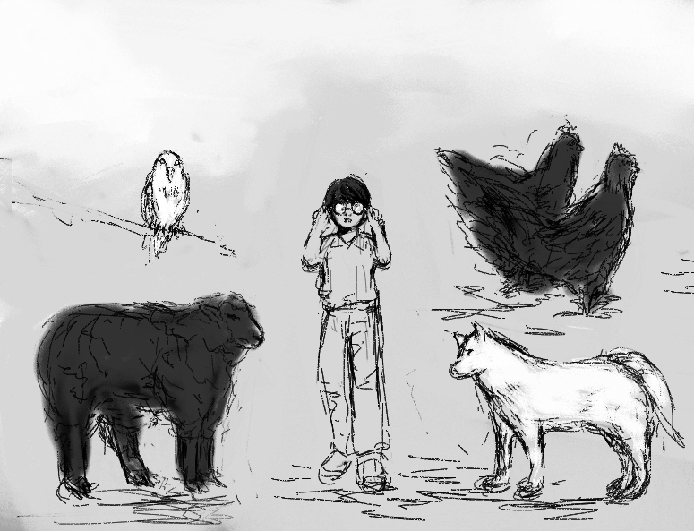 白黒の犬、羊、ニワトリなどの絵です。
