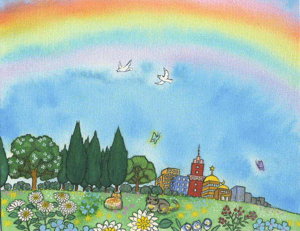 田園風景（虹と小鳥と蝶）の水彩画の続きです。